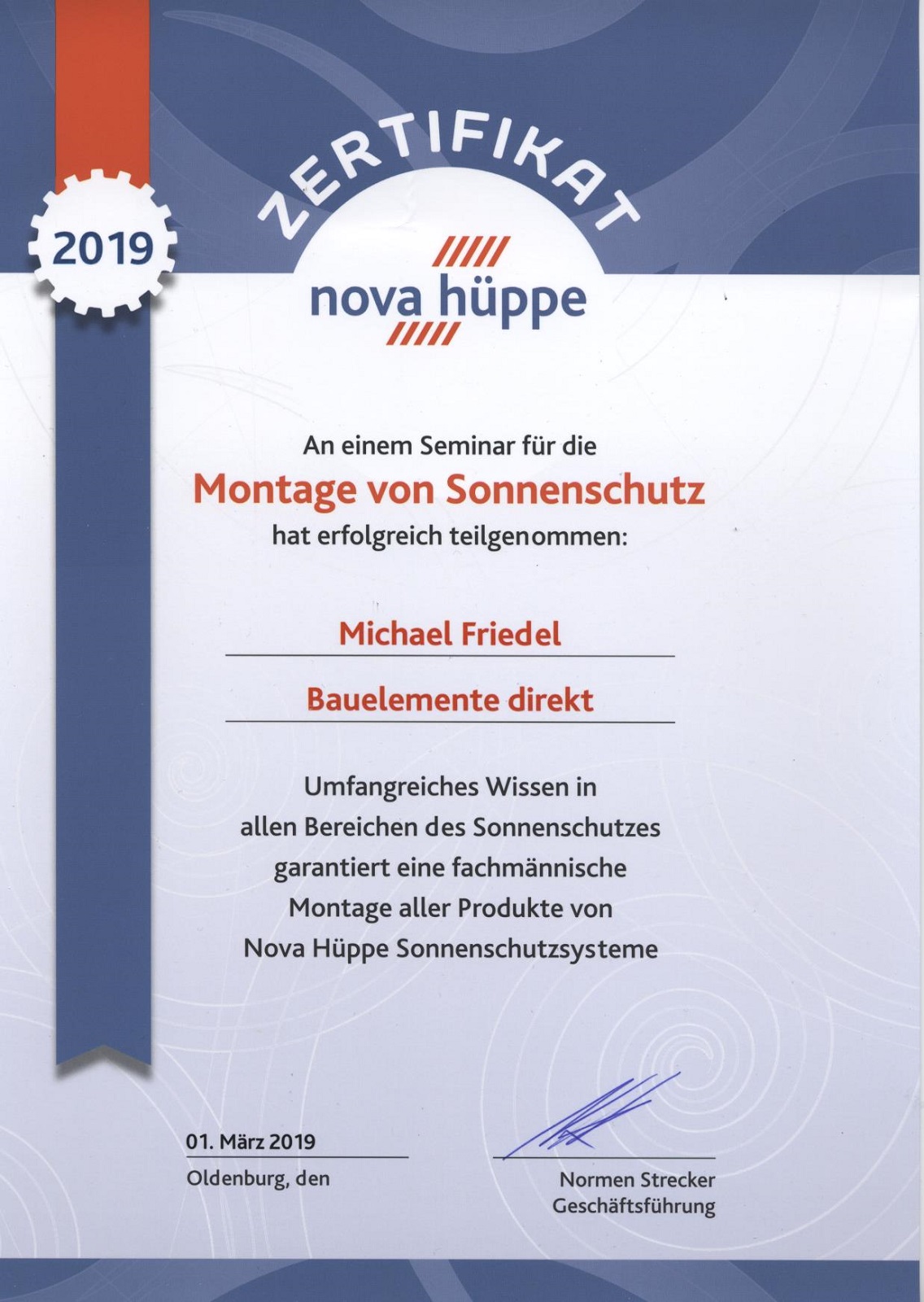 Nova Hüppe Markisen Montageseminar Zertifikat 2019
