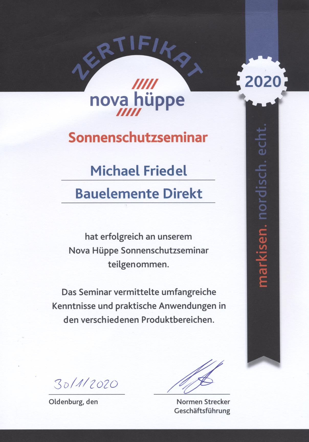 Nova Hüppe Markisen Sonneschutzseminar Zertifikat 2020