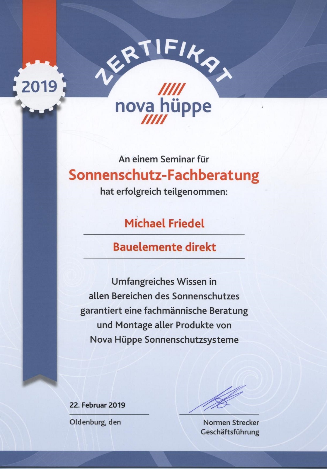 Nova Hüppe Markisen Schulungszertifikat 2019